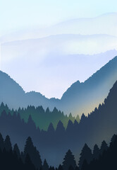Sunrise in the mountains,  panorama of mountains. Nature and landscape. Illustration of trees, forest, mountains, plants, sunrise, sunset, fog. Image for background, postcard or cover.