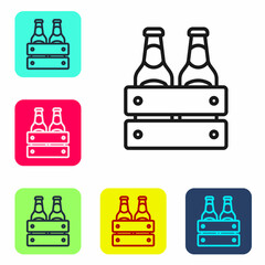 Fototapeta premium Black line Pack of beer bottles icon isolated on white background. Wooden box and beer bottles. Case crate beer box sign. Set icons in color square buttons. Vector