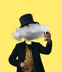 Contemporary art collage. Male body wearing black suit and tall hat headed of cumulus tastes beer. Concept of dreams, fantasy, surrealism