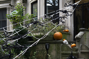 Stoop of brownstone building decorated with spider web and pumpkins for Halloween
