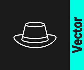 White line Oktoberfest hat icon isolated on black background. Hunter hat with feather. German hat. Vector