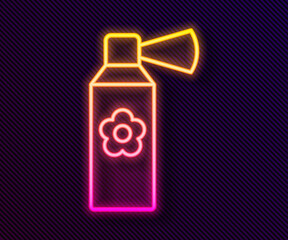 Glowing neon line Air freshener spray bottle icon isolated on black background. Air freshener aerosol bottle. Vector