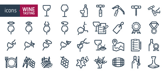 Wine icon set. Icons for professional wine tasting, savoring, looking, smelling, stirring. Wine industry icons. wineglasses and bottles. - 463858160