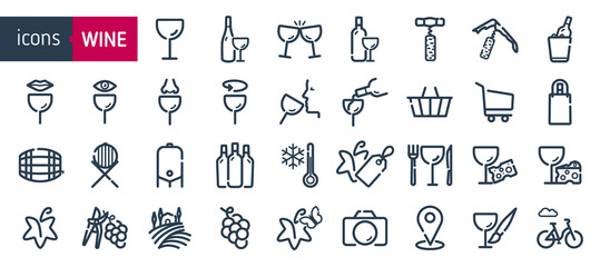 Set icons of wine. Icons bottles and wine glasses, shop, tasting, food, cellar, vineyards, wine tourism and activities. - 463858165