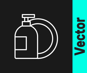 White line Dishwashing liquid bottle and plate icon isolated on black background. Liquid detergent for washing dishes. Vector