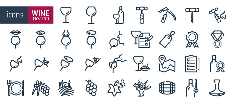Wine icon set. Icons for professional wine tasting, savoring, looking, smelling, stirring. Wine industry icons. wineglasses and bottles.