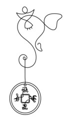 Abstract ganesha and hanging chinese coin with abstract doodle hieroglyphs as continuous lines drawing on white background. Vector