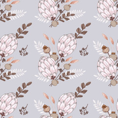Seamless pattern of leaves, protea flowers, dried flowers, ferns, branches. Bouquet of flowers on a gray background.