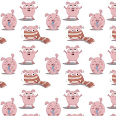 pattern pink piglet sits wrapped in a warm scarf with brown circles on the background