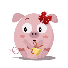 one little pink pig sitting and holding a bell