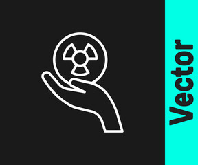 White line Radioactive in hand icon isolated on black background. Radioactive toxic symbol. Radiation Hazard sign. Vector
