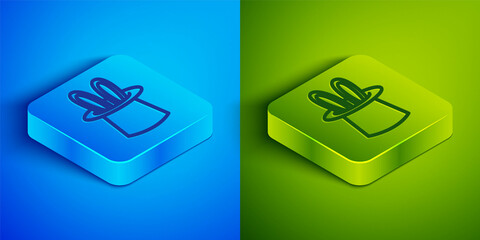 Isometric line Magician hat and rabbit ears icon isolated on blue and green background. Magic trick. Mystery entertainment concept. Square button. Vector