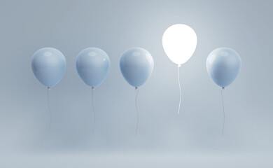 Successful business way, stand out from the crowd, different creative ideas, and develop working life concepts. One white glowing balloon flying away from other balloons on blue background. 3D render