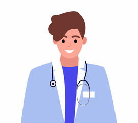 Cartoon vector illustration of a young doctor with a stethoscope. Young doctor, medical worker. Vector illustration