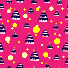 birthday cake with three candles illustration on pink background. seamless pattern, hand drawn vector. doodle art for wallpaper, wrapping paper and gift, backdrop, fabric. sweet dessert.birthday party