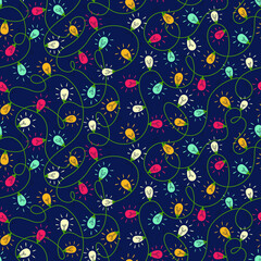 Christmas lights seamless repeat pattern, colorful lightbulbs on dark blue background