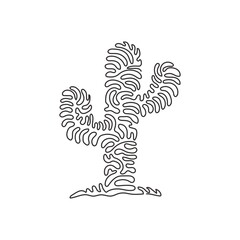 Single one line drawing tropical thorny cactus plant. Printable decorative cacti houseplant for home decor wallpaper ornament. Swirl curl style. Modern continuous line draw design vector illustration