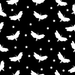 silhouette of dragonfly illustration with stars on night background. seamless pattern, hand drawn vector. simple and elegant. doodle art for wallpaper, wrapping paper and gift, backdrop, fabric, cover