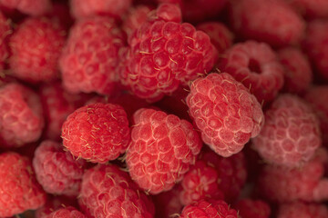 Ripe red raspberries on a plate.