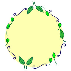 green leaf with swirl branch illustration. circle shape, yellow color. hand drawn vector. nature frame, border. doodle art for wallpaper, poster, banner, greeting and invitation card, sticker, label. 