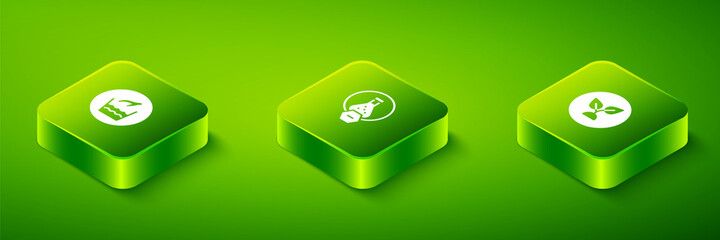 Set Isometric Test tube and flask, Plant based and Hand wash laundry icon. Vector