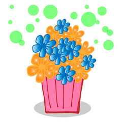 beautiful flower pot with green bubbles. pink vase with orange and blue flowers illustration on white background. hand drawn vector. doodle art for wallpaper, poster, banner, sticker, greeting card. 