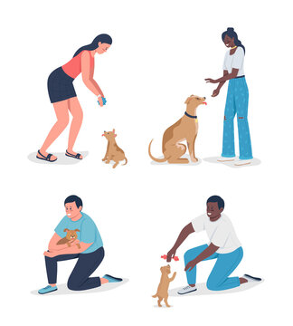 Owners playinh with pets semi flat color vector character set. Full body people on white. Adoption isolated modern cartoon style illustration for graphic design and animation collection