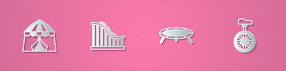 Set paper cut Circus tent, Roller coaster, Jumping trampoline and Unicycle or one wheel bicycle icon. Paper art style. Vector © Kostiantyn