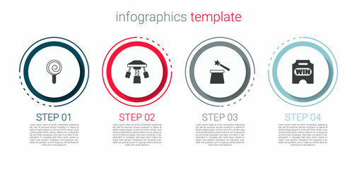 Fototapeta premium Set Lollipop, Attraction carousel, Magic hat and wand and Circus ticket. Business infographic template. Vector