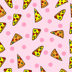 pizza slice illustration on pink background. fast food icon. hand drawn vector. seamless pattern. pizza cheese. doodle art for wallpaper, wrapping paper and gift, backdrop, fabric, textile, cover. 
