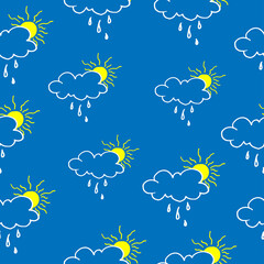 Fototapeta na wymiar set of cloud with rain and yellow sun illustration isolated on blue background. seamless pattern, hand drawn vector. doodle art for kids, wallpaper, wrapping paper and gift, backdrop, baby clothes. 