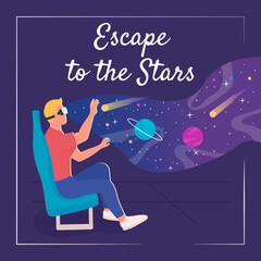 Planetarium VR experience social media post mockup. Escape to stars phrase. Web banner design template. Explore space booster, content layout with inscription. Poster, print ads and flat illustration