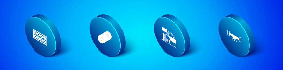 Set Isometric Skateboard wheel, Cinema camera, and icon. Vector