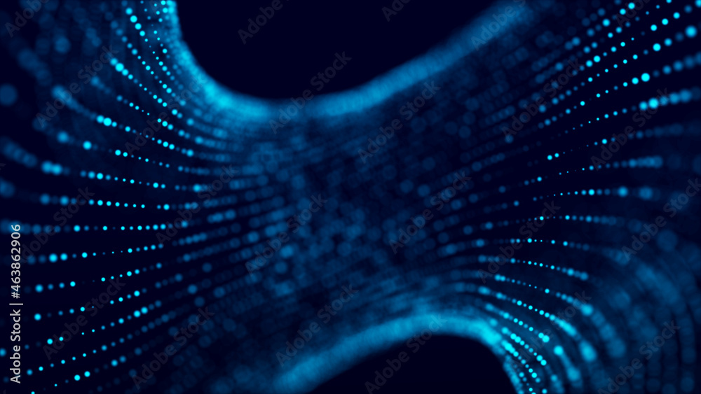 Poster digital background with movement of glowing particles. complex technologies of big data. 3d renderin