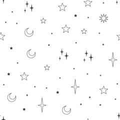 Stars seamless pattern with sun, moon. Mystical esoteric background for astrology design. Cosmos and space texture background.