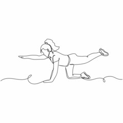 Vector continuous one single line drawing of woman exercising home sport concept in silhouette on a white background. Linear stylized.
