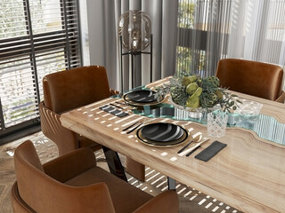 Table design with food and big windows 3d Rendering