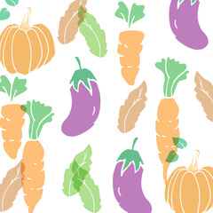 set of vegetable illustration on white background. pumpkin, carrot and eggplant. transparent vegetable. hand drawn vector. repeat pattern. doodle art for wallpaper, poster, banner, bacdrop, cover. 
