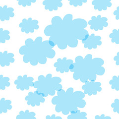 blue cloud illustration on white background. fresh and fluffy cloud. clean air. seamless pattern, hand drawn vector. doodle art for kids, wall decoration, baby clothes, wrapping paper, backdrop, cover