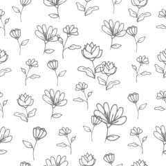 beautiful flower with leaf illustration on white background. sketch, hand drawn vector. seamless pattern. nature background. retro style. doodle art for wallpaper, wrapping paper and gift, textile. 