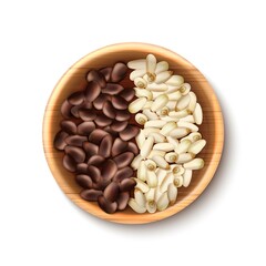  vector icon. Pine nuts in a wooden bowl. Peeled or unpeeled. Isolated on white background.