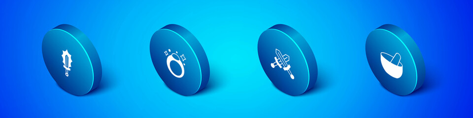 Set Isometric Magic sword in fire, Crossed medieval, Witch cauldron and stone ring icon. Vector