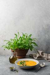 Pumpkin puree cream soup with seeds, spices and green parsley leaves in gray terracotta plate on white background. Autumn traditional food