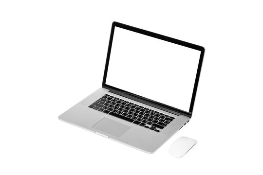 blank screen of Laptop or Notebook and mouse wireless isolated on white background.