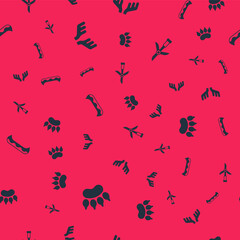 Set Bear paw footprint, Deer antlers, Kayak and Wind turbine on seamless pattern. Vector