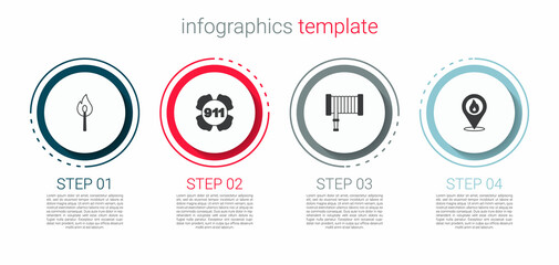 Set Burning match with fire, Emergency call 911, Fire hose reel and Location flame. Business infographic template. Vector