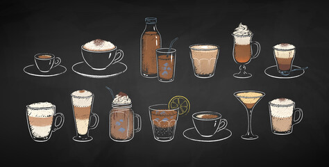 Collection of chlk drawn coffee drinks - obrazy, fototapety, plakaty