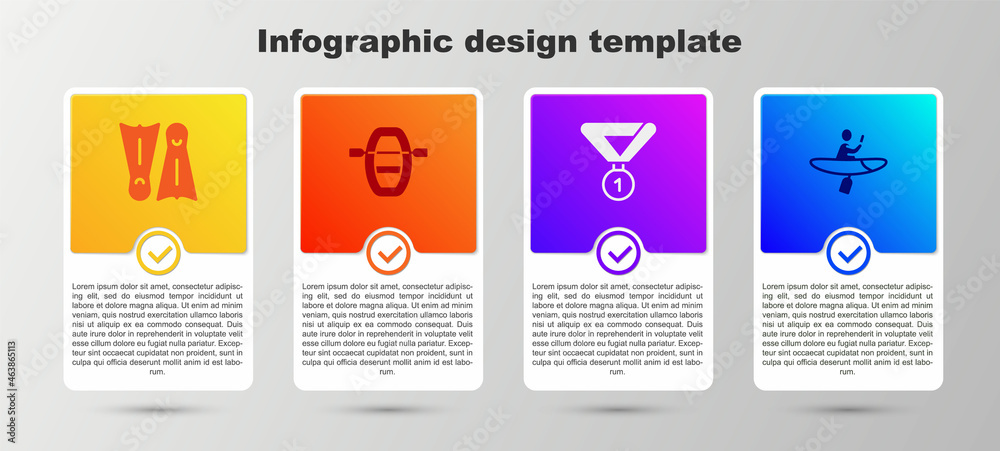 Poster set flippers for swimming, boat with oars, medal and kayak and paddle. business infographic template