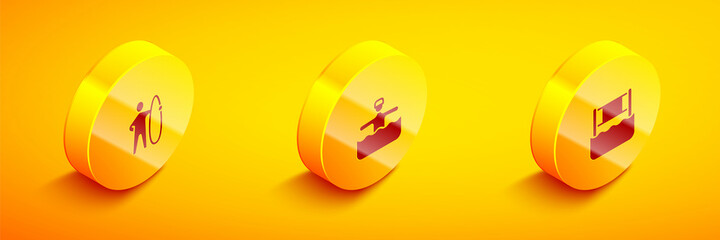 Set Isometric Surfboard, Water gymnastics and volleyball net icon. Vector