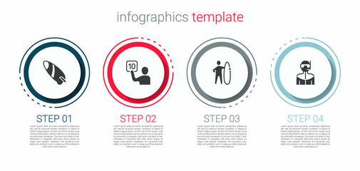 Set Surfboard, Assessment of judges, and Wetsuit for scuba diving. Business infographic template. Vector
